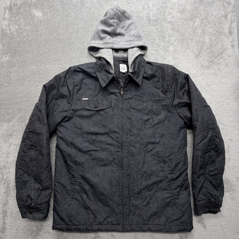Volcom Jacket Mens L Gray Quilted Hooded Lined Insulated Padded Collared Pockets